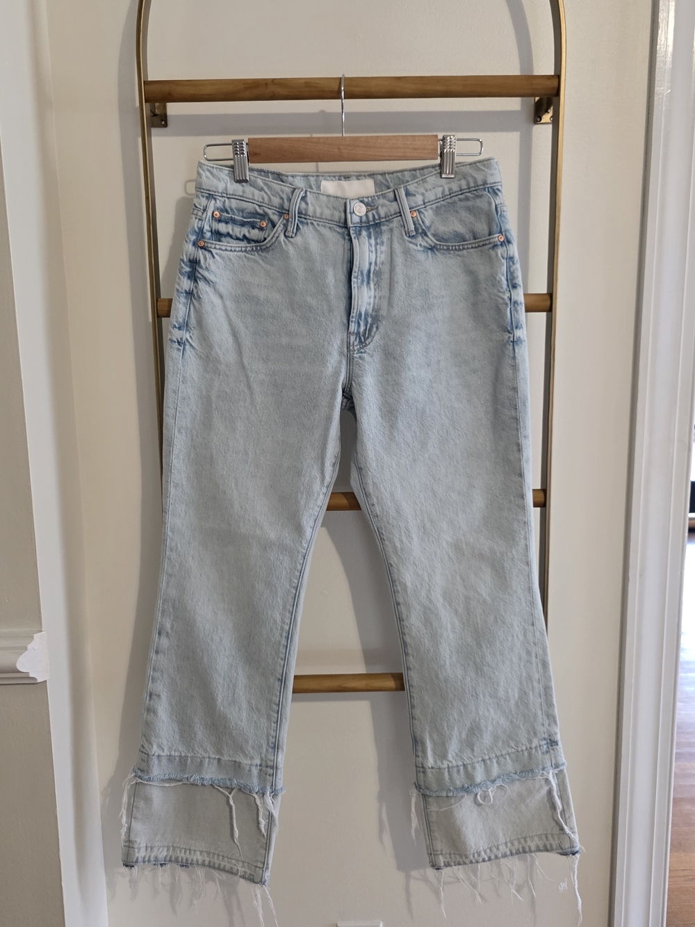 MOTHER Light Wash Frayed Hem Wide Leg Jeans